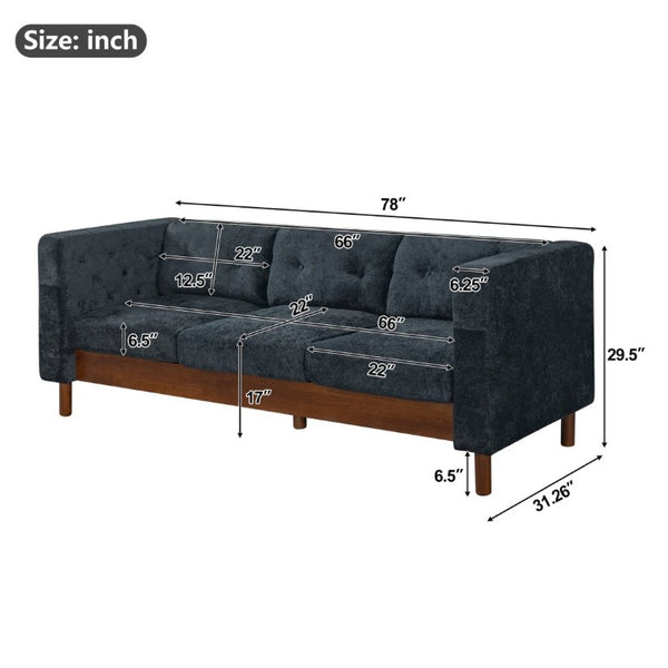 English Elm 78 Inch Three Seat Chenille Sofa Tufted Pillow Back Walnut Legs Living Room Blue N763P480705C