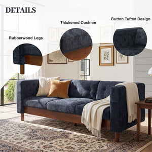 English Elm 78 Inch Three Seat Chenille Sofa Tufted Pillow Back Walnut Legs Living Room Blue N763P480705C