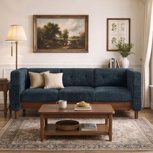 English Elm 78 Inch Three Seat Chenille Sofa Tufted Pillow Back Walnut Legs Living Room Blue N763P480705C