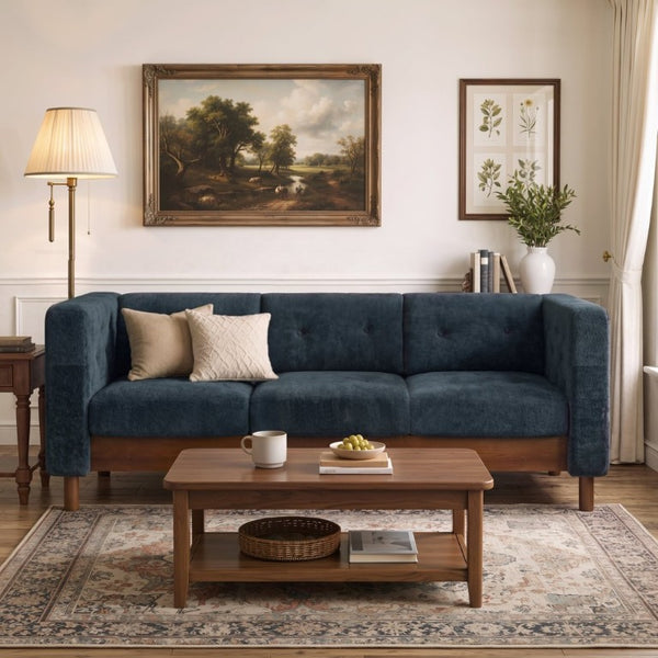 English Elm 78 Inch Three Seat Chenille Sofa Tufted Pillow Back Walnut Legs Living Room Blue N763P480705C