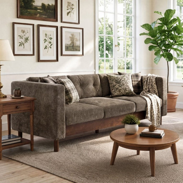 English Elm 78 Inch Three Seat Chenille Sofa Tufted Pillow Back Walnut Legs Living Room Brown N763P480705D