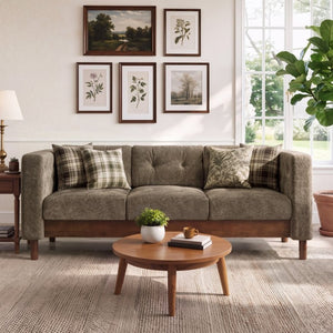 English Elm 78 Inch Three Seat Chenille Sofa Tufted Pillow Back Walnut Legs Living Room Brown N763P480705D