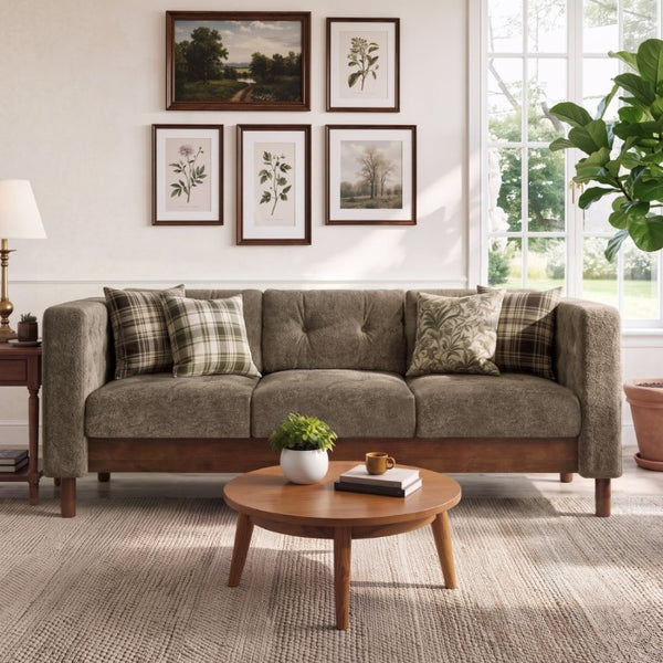 English Elm 78 Inch Three Seat Chenille Sofa Tufted Pillow Back Walnut Legs Living Room Brown N763P480705D