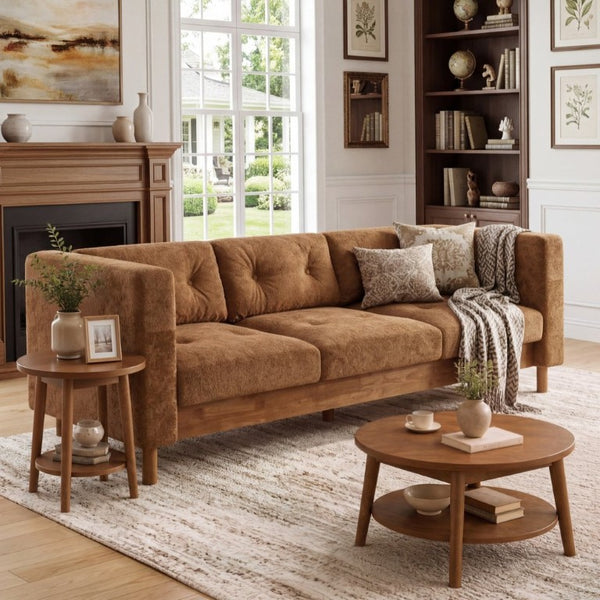 English Elm 78 Inch Three Seat Chenille Sofa Tufted Pillow Back Walnut Legs Living Room Orange N763P480705G