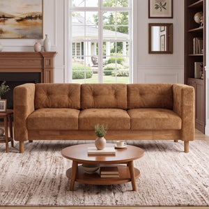 English Elm 78 Inch Three Seat Chenille Sofa Tufted Pillow Back Walnut Legs Living Room Orange N763P480705G