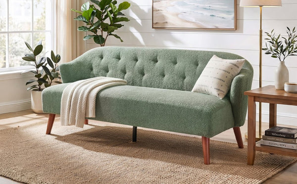 English Elm Modern Button Tufted Three Seater Sofa Plush Upholstered Mid Century Living Room Couch Green N763P483968F