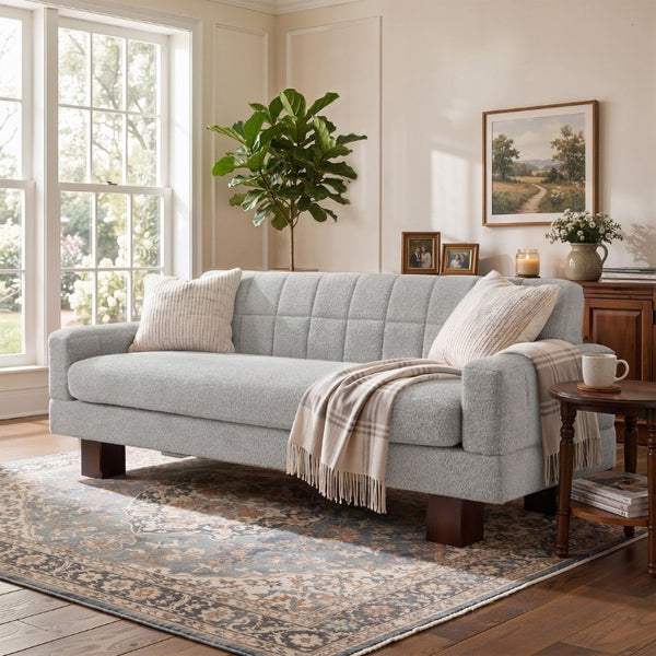 English Elm Modern Boucle Loveseat with Biscuit Tufted Back Square Arms and Walnut Legs Light Grey-Blue N763P485476C