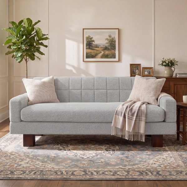 English Elm Modern Boucle Loveseat with Biscuit Tufted Back Square Arms and Walnut Legs Light Grey-Blue N763P485476C