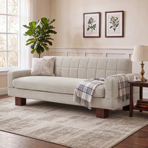 English Elm Modern Boucle Loveseat with Biscuit Tufted Back Square Arms and Walnut Legs Oatmeal N763P485476E