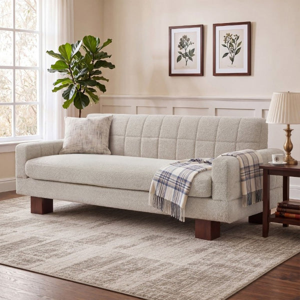 English Elm Modern Boucle Loveseat with Biscuit Tufted Back Square Arms and Walnut Legs Oatmeal N763P485476E