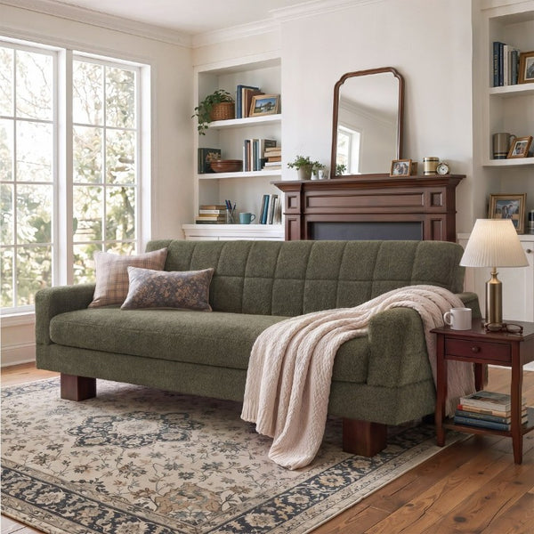 English Elm Modern Boucle Loveseat with Biscuit Tufted Back Square Arms and Walnut Legs Green N763P485476F