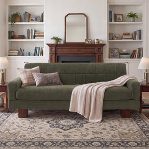 English Elm Modern Boucle Loveseat with Biscuit Tufted Back Square Arms and Walnut Legs Green N763P485476F