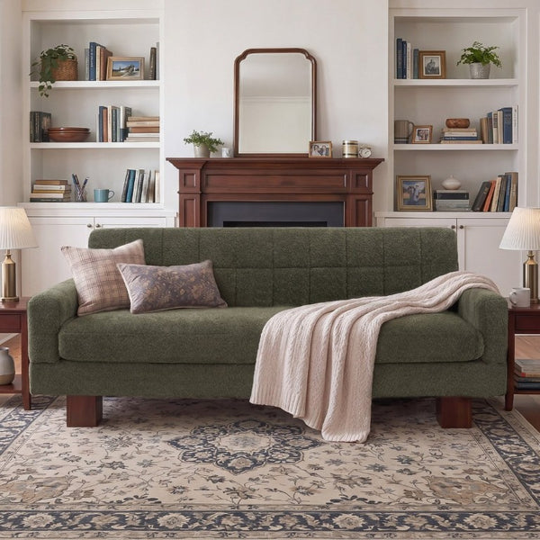 English Elm Modern Boucle Loveseat with Biscuit Tufted Back Square Arms and Walnut Legs Green N763P485476F