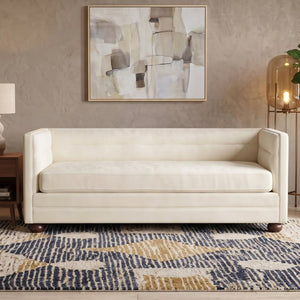 English Elm 77.2 Inch Chenille 3 Seater Sofa with Camel Back Square Arms and Rubberwood Legs Beige N763P492484A