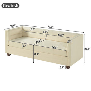 English Elm 77.2 Inch Chenille 3 Seater Sofa with Camel Back Square Arms and Rubberwood Legs Beige N763P492484A