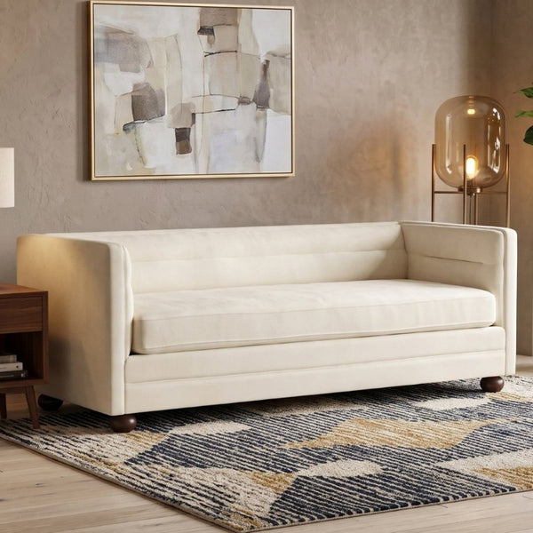 English Elm 77.2 Inch Chenille 3 Seater Sofa with Camel Back Square Arms and Rubberwood Legs Beige N763P492484A
