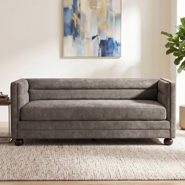 English Elm 77.2 Inch Chenille 3 Seater Sofa with Camel Back Square Arms and Rubberwood Legs Light Brown N763P492484D
