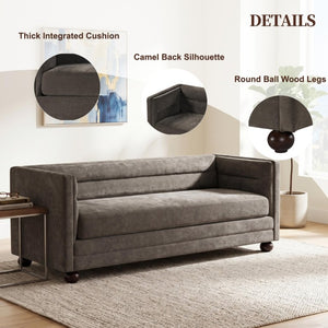 English Elm 77.2 Inch Chenille 3 Seater Sofa with Camel Back Square Arms and Rubberwood Legs Light Brown N763P492484D