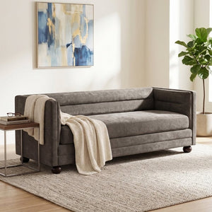 English Elm 77.2 Inch Chenille 3 Seater Sofa with Camel Back Square Arms and Rubberwood Legs Light Brown N763P492484D