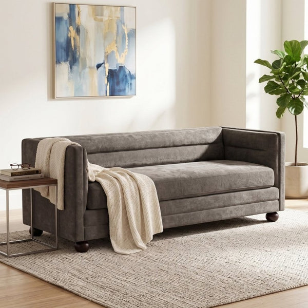 English Elm 77.2 Inch Chenille 3 Seater Sofa with Camel Back Square Arms and Rubberwood Legs Light Brown N763P492484D
