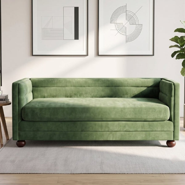English Elm 77.2 Inch Chenille 3 Seater Sofa with Camel Back Square Arms and Rubberwood Legs Green N763P492484G