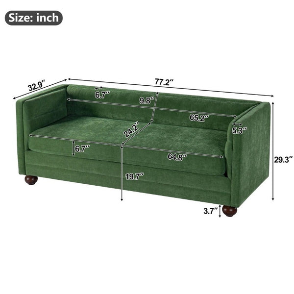 English Elm 77.2 Inch Chenille 3 Seater Sofa with Camel Back Square Arms and Rubberwood Legs Green N763P492484G