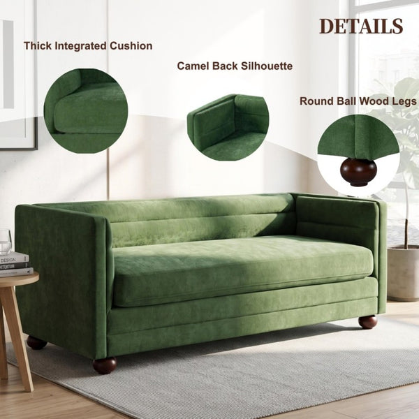 English Elm 77.2 Inch Chenille 3 Seater Sofa with Camel Back Square Arms and Rubberwood Legs Green N763P492484G