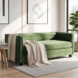 English Elm 77.2 Inch Chenille 3 Seater Sofa with Camel Back Square Arms and Rubberwood Legs Green N763P492484G