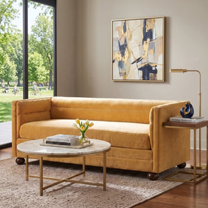 English Elm 77.2 Inch Chenille 3 Seater Sofa with Camel Back Square Arms and Rubberwood Legs Yellow N763P492484Y