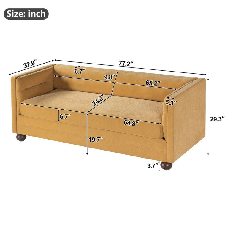 English Elm 77.2 Inch Chenille 3 Seater Sofa with Camel Back Square Arms and Rubberwood Legs Yellow N763P492484Y