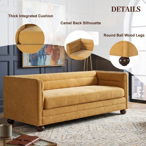 English Elm 77.2 Inch Chenille 3 Seater Sofa with Camel Back Square Arms and Rubberwood Legs Yellow N763P492484Y