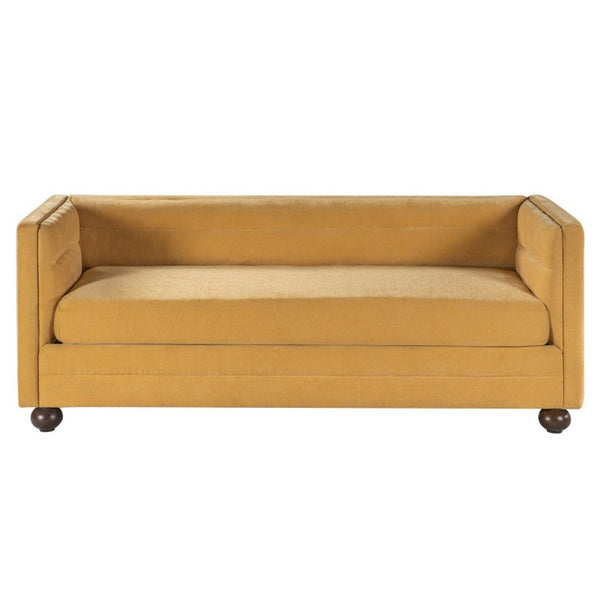 English Elm 77.2 Inch Chenille 3 Seater Sofa with Camel Back Square Arms and Rubberwood Legs Yellow N763P492484Y