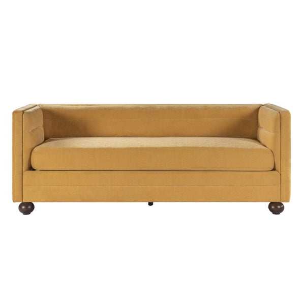 English Elm 77.2 Inch Chenille 3 Seater Sofa with Camel Back Square Arms and Rubberwood Legs Yellow N763P492484Y