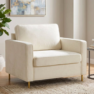 English Elm 42.1 Chenille Accent Chair Camel Back Silhouette with Square Arms and Yellow Iron Legs Beige N763P492485A