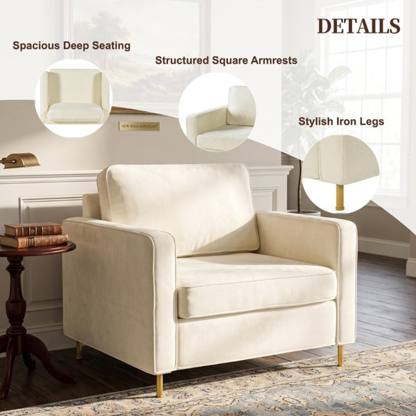 English Elm 42.1 Chenille Accent Chair Camel Back Silhouette with Square Arms and Yellow Iron Legs Beige N763P492485A