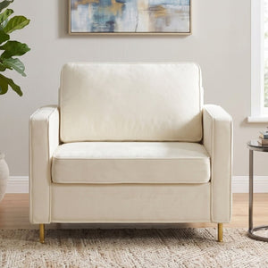English Elm 42.1 Chenille Accent Chair Camel Back Silhouette with Square Arms and Yellow Iron Legs Beige N763P492485A