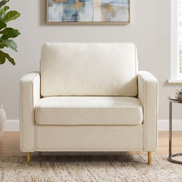 English Elm 42.1 Chenille Accent Chair Camel Back Silhouette with Square Arms and Yellow Iron Legs Beige N763P492485A