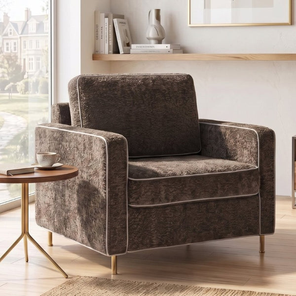 English Elm 42.1 Chenille Accent Chair Camel Back Silhouette with Square Arms and Yellow Iron Legs Dark Brown N763P492485D