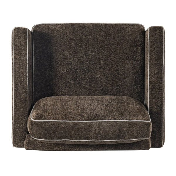English Elm 42.1 Chenille Accent Chair Camel Back Silhouette with Square Arms and Yellow Iron Legs Dark Brown N763P492485D