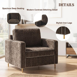 English Elm 42.1 Chenille Accent Chair Camel Back Silhouette with Square Arms and Yellow Iron Legs Dark Brown N763P492485D