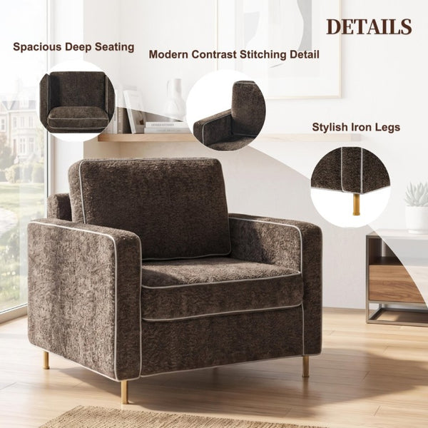 English Elm 42.1 Chenille Accent Chair Camel Back Silhouette with Square Arms and Yellow Iron Legs Dark Brown N763P492485D