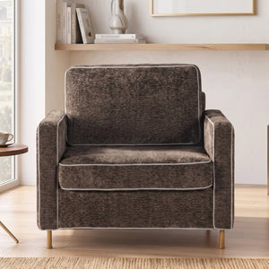 English Elm 42.1 Chenille Accent Chair Camel Back Silhouette with Square Arms and Yellow Iron Legs Dark Brown N763P492485D