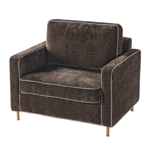 English Elm 42.1 Chenille Accent Chair Camel Back Silhouette with Square Arms and Yellow Iron Legs Dark Brown N763P492485D
