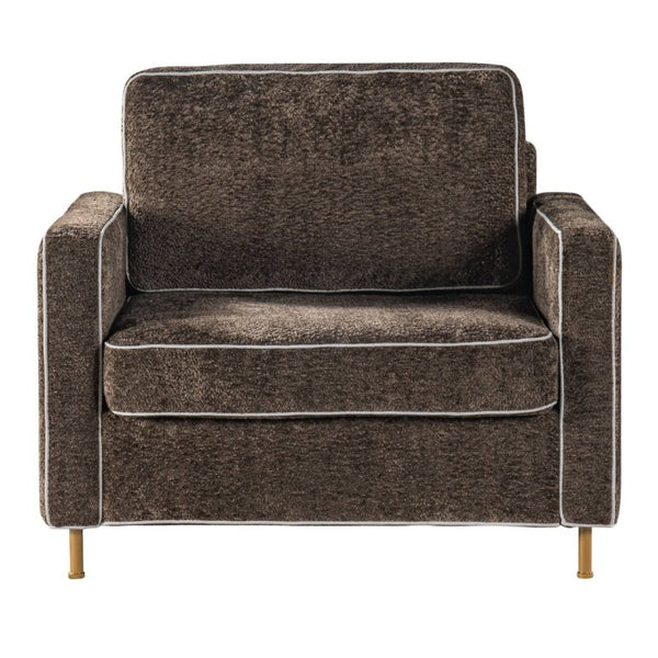 English Elm 42.1 Chenille Accent Chair Camel Back Silhouette with Square Arms and Yellow Iron Legs Dark Brown N763P492485D