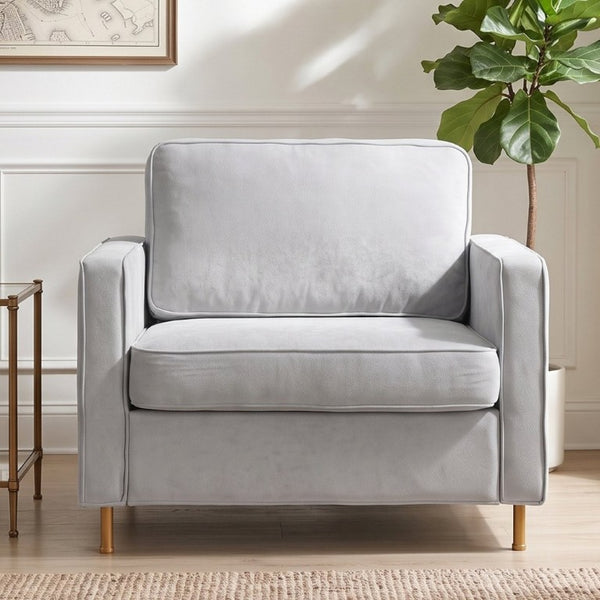 English Elm 42.1 Chenille Accent Chair Camel Back Silhouette with Square Arms and Yellow Iron Legs Light Gray N763P492485E