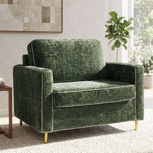 English Elm 42.1 Chenille Accent Chair Camel Back Silhouette with Square Arms and Yellow Iron Legs Green N763P492485G