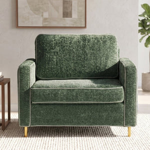 English Elm 42.1 Chenille Accent Chair Camel Back Silhouette with Square Arms and Yellow Iron Legs Green N763P492485G