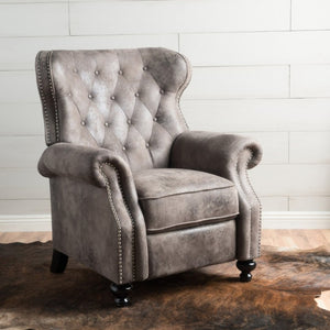 English Elm Modern Microfiber Push Back Recliner with Nailhead Trim Rolled Arms and Rubberwood Legs Brown Grey N763P492694D