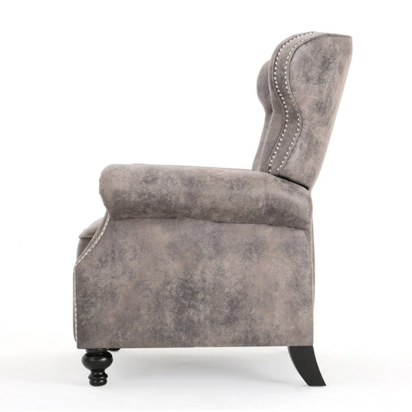 English Elm Modern Microfiber Push Back Recliner with Nailhead Trim Rolled Arms and Rubberwood Legs Brown Grey N763P492694D