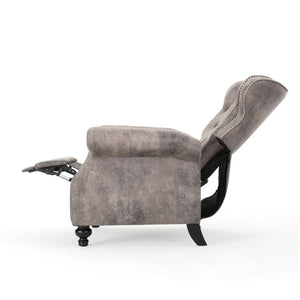 English Elm Modern Microfiber Push Back Recliner with Nailhead Trim Rolled Arms and Rubberwood Legs Brown Grey N763P492694D